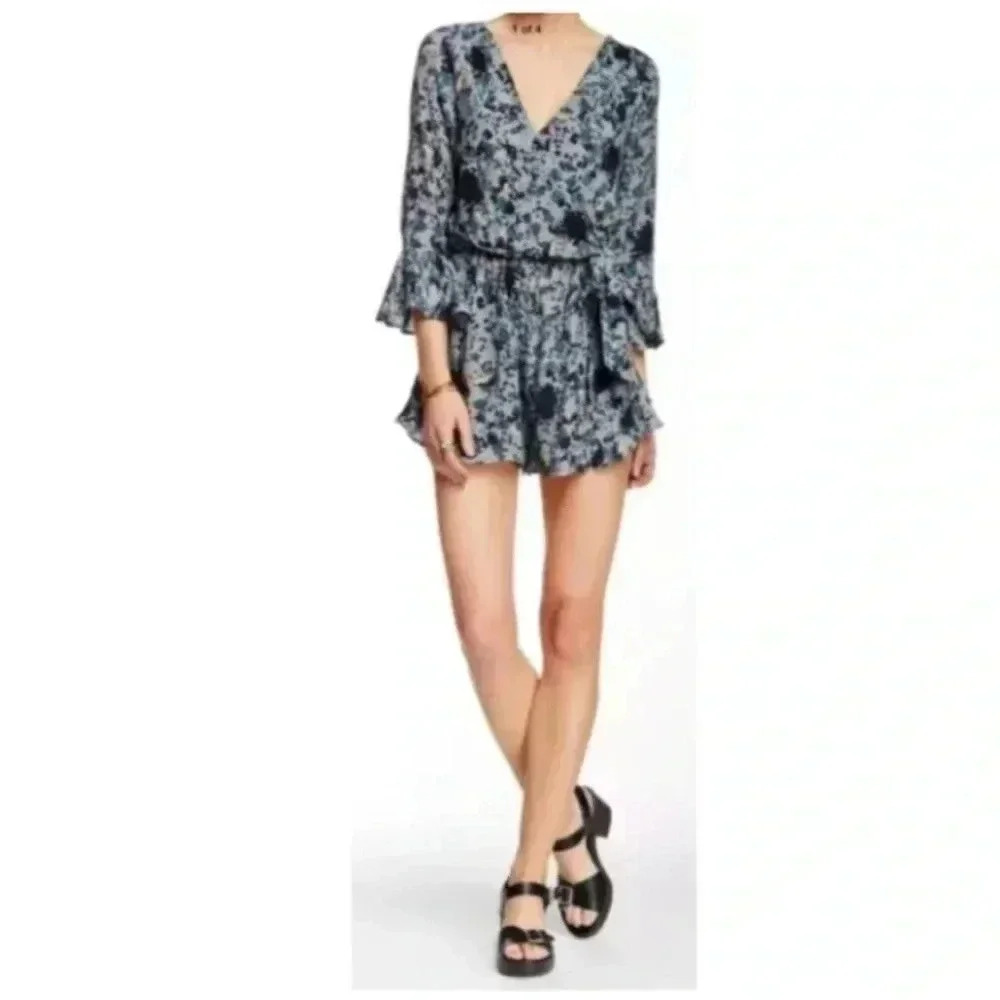 FREE PEOPLE blue Leopard Print V-Neck All Right Ruffles Romper Sz XS? EUC